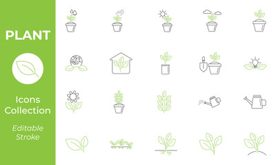 Plant black and green color line icons set. Editable stroke. Agriculture vector illustration. Outline signs for gardening.	
