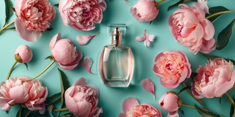 Perfume bottle with pink peony flowers on a turquoise background.