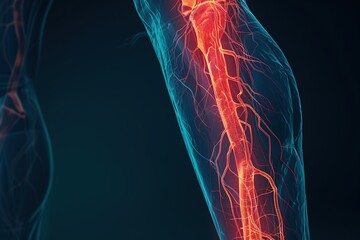 Close-up of leg with varicose veins disease. Glowing illustrative image - obrazy, fototapety, plakaty
