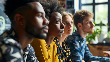 Fototapeta premium People of different races working together in the office. Diversity, inclusiveness. Faces in close-up, sideways in the background.