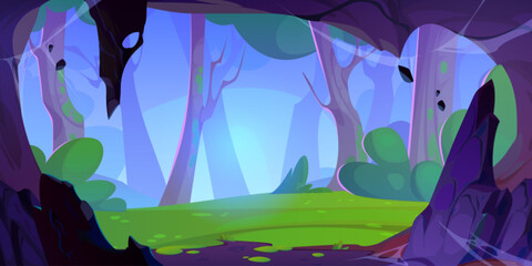 View of forest from inside cave with cobweb on stone walls and stalactites. Cartoon vector illustration of summer woodland landscape with green grass, tree trunks and mist. Cavern entrance hole.