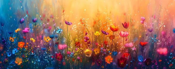 A colorful abstract flower meadow panorama background, perfect for nature-related designs and projects.