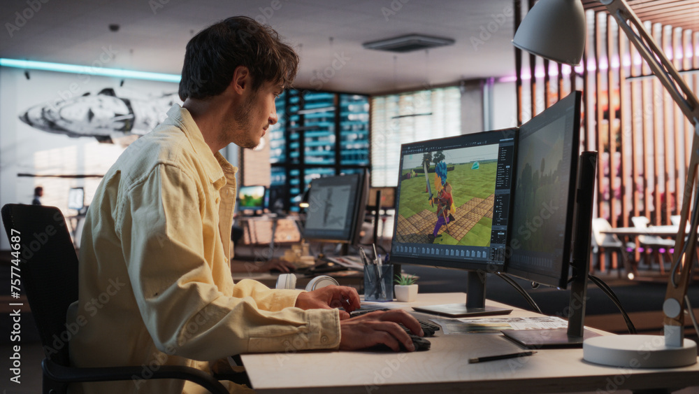 Aufkleber Caucasian Male Game Designer Using Desktop Computer With 3D Modeling Software To Design Unique Characters And World For Immersive RPG Video Game. Man Working In Game Development Company Diverse Office