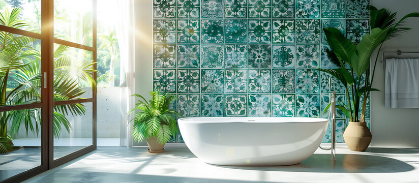 design modern living batroom with vintage ceramics and green plant concept