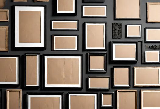  collection of cardboard scraps with black frames for photos, each set and collection isolated on a white background,