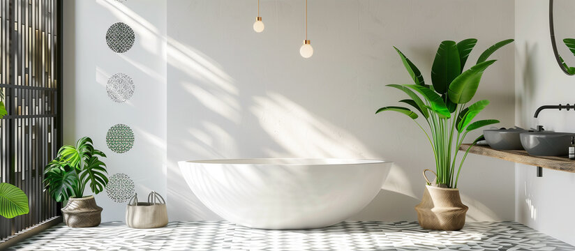 design modern living batroom with vintage ceramics and green plant concept