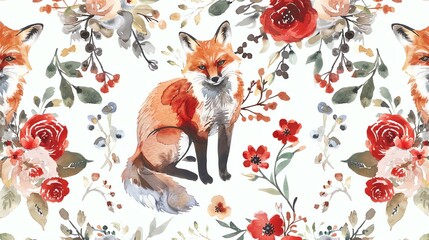 Fototapeta premium Fox and flower watercolor pattern, gift wrapping pattern