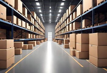  cardboard box warehouse mockup, featuring rows of neatly stacked boxes in various size