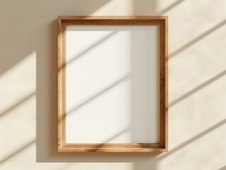 empty wooden frame hanging on a beige colored wall - photo mockup