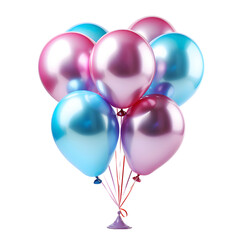 Bunch of Colorful Holographic Balloons with Confetti Isolated on Transparent Background. Floating Helium Balloons