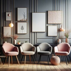 Row of trendy chairs in a row on grey wall background, interior trend design concept