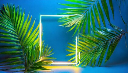 Glowing Greens: Close-Up of Neon Lights and Tropical Leaves on Blue Background