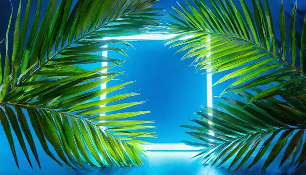 Neon Paradise: Close-Up of Trendy Glowing Lights with Green Palm Leaves on Blue Background © Dostain