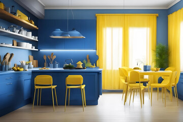 Kitchen interior in blue and yellow colors
