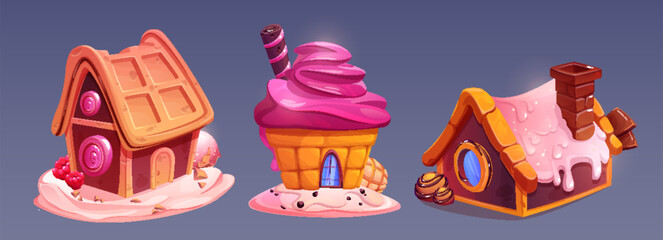 Candy land house made of sweet dessert bakery. Cartoon vector set of fantasy home buildings from cupcake with pink swirl cream, chocolate cookies and waffles with caramel and icing decoration. - obrazy, fototapety, plakaty
