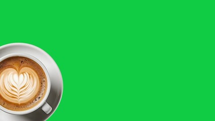 hand holding a cup of coffee with heart latte art, top view, green screen background