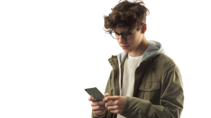 young boy using smartphone isolated on transparent background, person with mobile cutout 