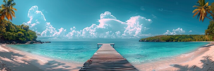 Obraz premium Empty Wooden Pier Beside Tropical Beach, Background Banner HD