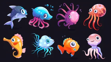 Papier Peint photo Vie marine Cartoon set of aquarium characters with fish, seahorses, jellyfish, and octopuses on black background. Modern illustration of aquarium characters, humor marine creatures, puffer fish and more.