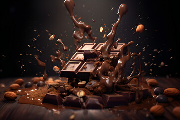 Close-up of chocolate splashes with fresh chocolate bars flying on a brown background, created by...