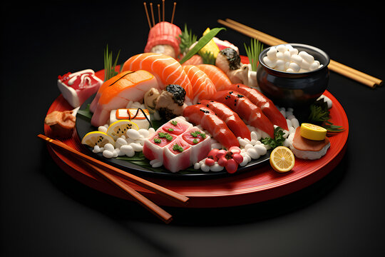 Japanese traditional cuisine, food, illustration, set of sushi, rolls, fast food, sushi,  generated by AI. 3D illustration