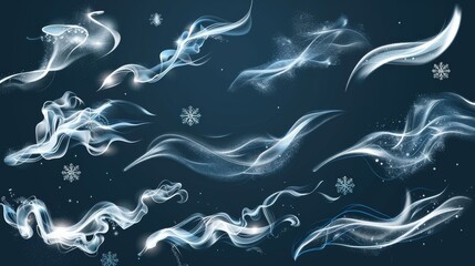 Isolated clipart set of snowy smoky stream, icy vapour, snow blowing, winter weather icons with white smoke and flying snowflakes. Isolated 3D modern isolated clipart set.