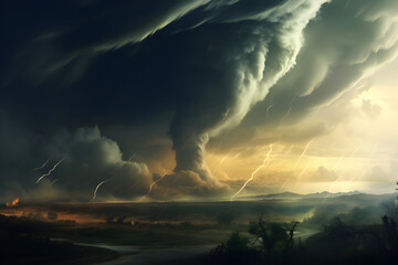 Gloomy landscape with bad weather. Tornado and heavy rain over a devastated field,  generated by AI. 3D illustration