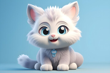 Obraz premium Fluffy white Cat on blue background, generated by AI. 3D illustration