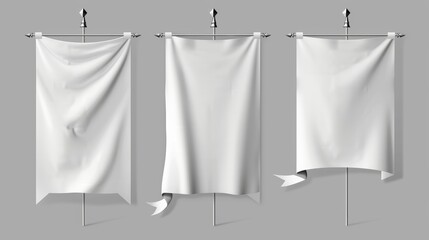 Isolated medieval heraldic empty ensign templates of white pennant flags on flagpoles with rounded, straight, pointed and double edges. Realistic 3D modern illustration. - obrazy, fototapety, plakaty