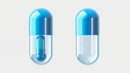 Floating empty pill capsules on transparent background. Rendering of pharmaceutical capsules, medical tablets, antibiotics, or herbal drugs enclosed in clear plastic or glass tubes.
