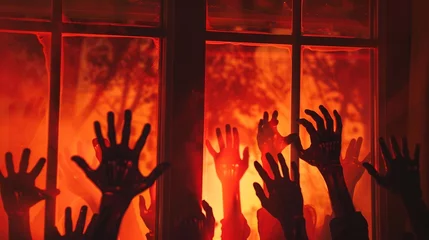 Fotobehang Spooky many zombie hands outside the window, red glowing light. Halloween or horror movie concept © Boraryn