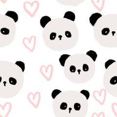 cute hand drawn panda face with pink hearts, kids seamless pattern neutral background © CandyLama