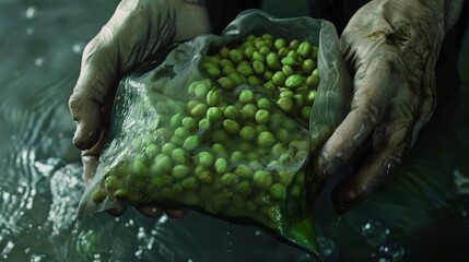 hands holding a bag of frozen peas slumped over himself in plain background, 50mm lens, hyper details, precise details, Italian