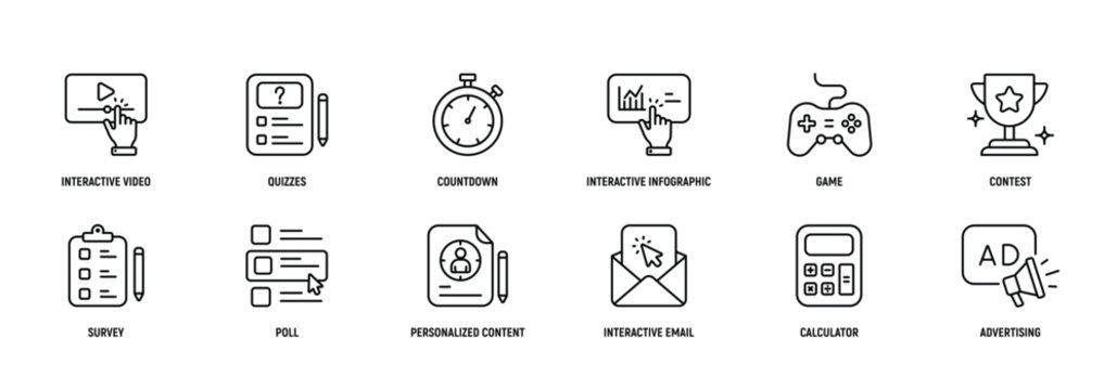 Interactive Marketing icon Line Icon Set, Editable Stroke.Quiz, Countdown, Game, Contest, Calculator, Survey, Poll, Strategy.