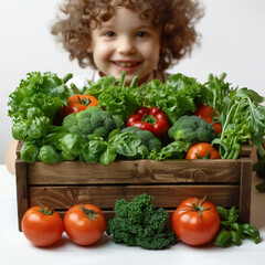 Fototapeta na wymiar Little curly boy with fresh vegetables in wooden box. Healthy food concept.front view wooden box for vegetables with blank tag price mockup on white background.