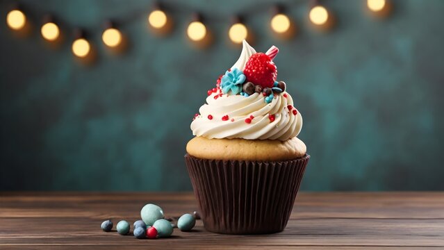 A decorated cup cake isolated on blue background, Generative AI