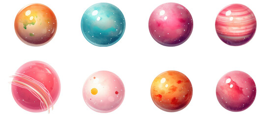 Collection set of fictional 3d cartoon planets isolated on transparent a white background