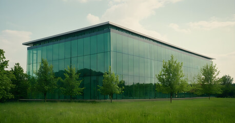 Fototapeta na wymiar Green trees and glass office building, Portrait of a Eco-friendly glass building in modern city, Generative AI