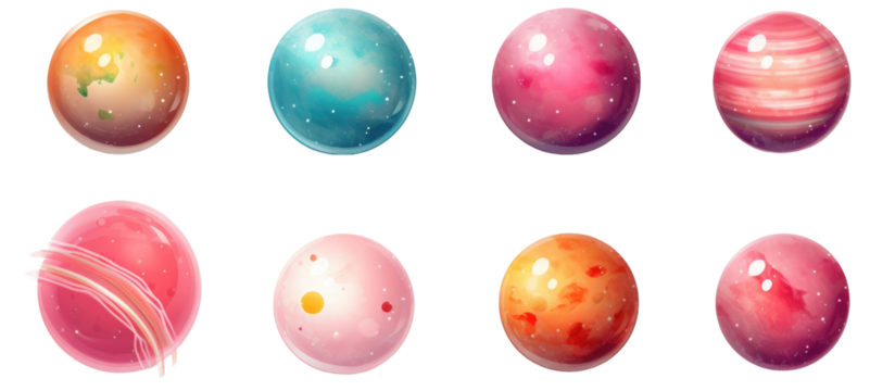 Collection set of fictional 3d cartoon planets isolated on transparent a white background