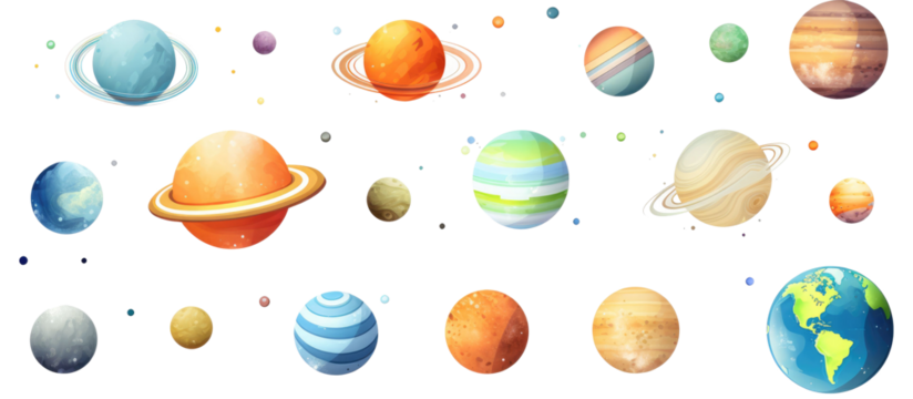 Collection set of fictional 3d cartoon planets isolated on transparent a white background