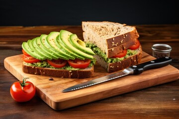 Whole grain sandwich bread with fillings such as avocado, tomato and cheese on a wooden cutting board with knife - Powered by Adobe