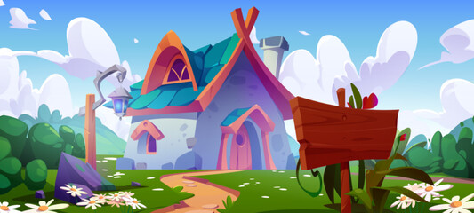 Fantasy house with garden in magic village cartoon background. Gnome, wizard or elf home with fantastic nature landscape. Rural medieval building design with signboard and lantern on grass meadow - obrazy, fototapety, plakaty