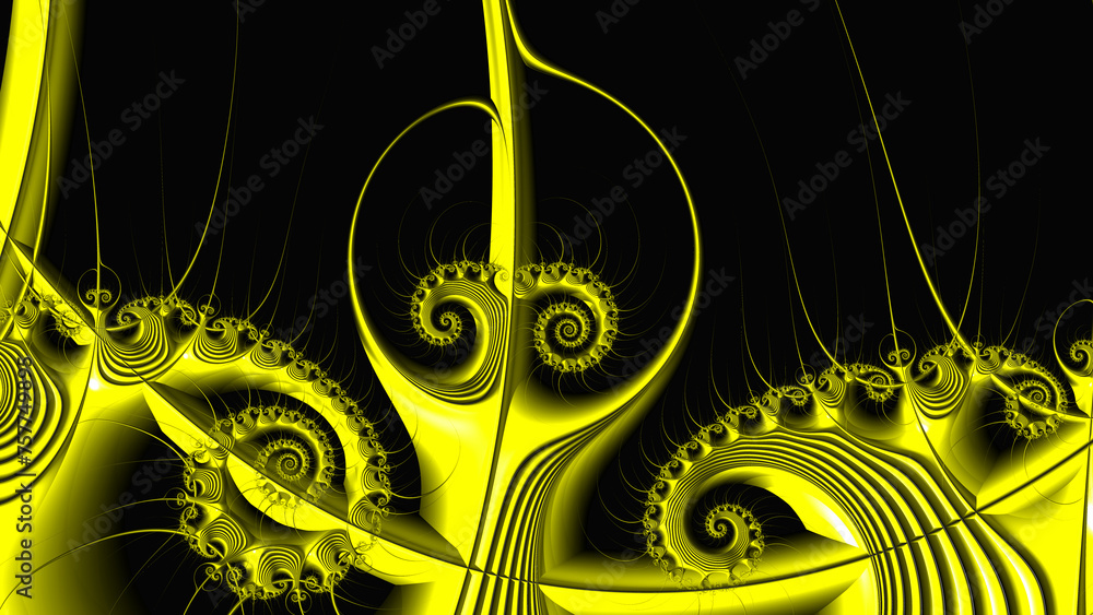 Poster lemon yellow on black complex cascading asymmetric liquid flow pattern and design art-deco style