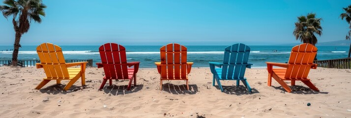 Obraz premium Ocean Beach Chairs Umbrella Palm Trees, Background Banner HD