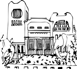 Image, sketch of a house with elephants, Golovkin's dacha, Samara city, Russia, Art Nouveau house