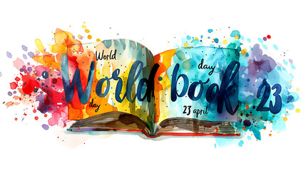 watercolor open book with text World book day 23 april - obrazy, fototapety, plakaty