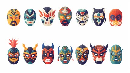 Mexican luchador masks set. Mexico wear for lucha libre wrestling. Head and face costumes for Latin wrestlers. Funny headwear for Latin fights. Flat modern illustrations isolated on white.