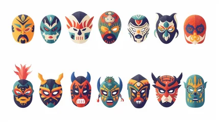 Zelfklevend Fotobehang Schedel Mexican luchador masks set. Mexico wear for lucha libre wrestling. Head and face costumes for Latin wrestlers. Funny headwear for Latin fights. Flat modern illustrations isolated on white.
