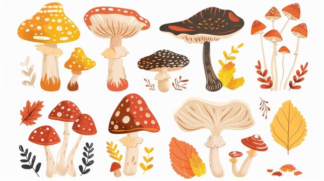 Fall forest fungi, mushrooms set with boletus, porcini, amanita, fly agaric, caps and stalks. Flat modern illustration on a white background.