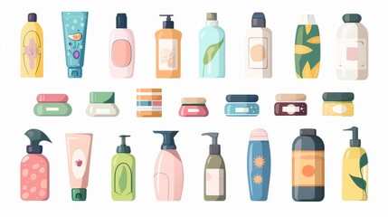 The set includes shampoo, cleansing gel, moisturizing cream, hair spray, and skincare lotion. Flat modern illustrations isolated on white backgrounds.